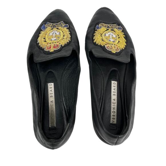 Veronica Beard Black Flats 36.5 Royal Navy Gold Patch - Picture 5 of 10
